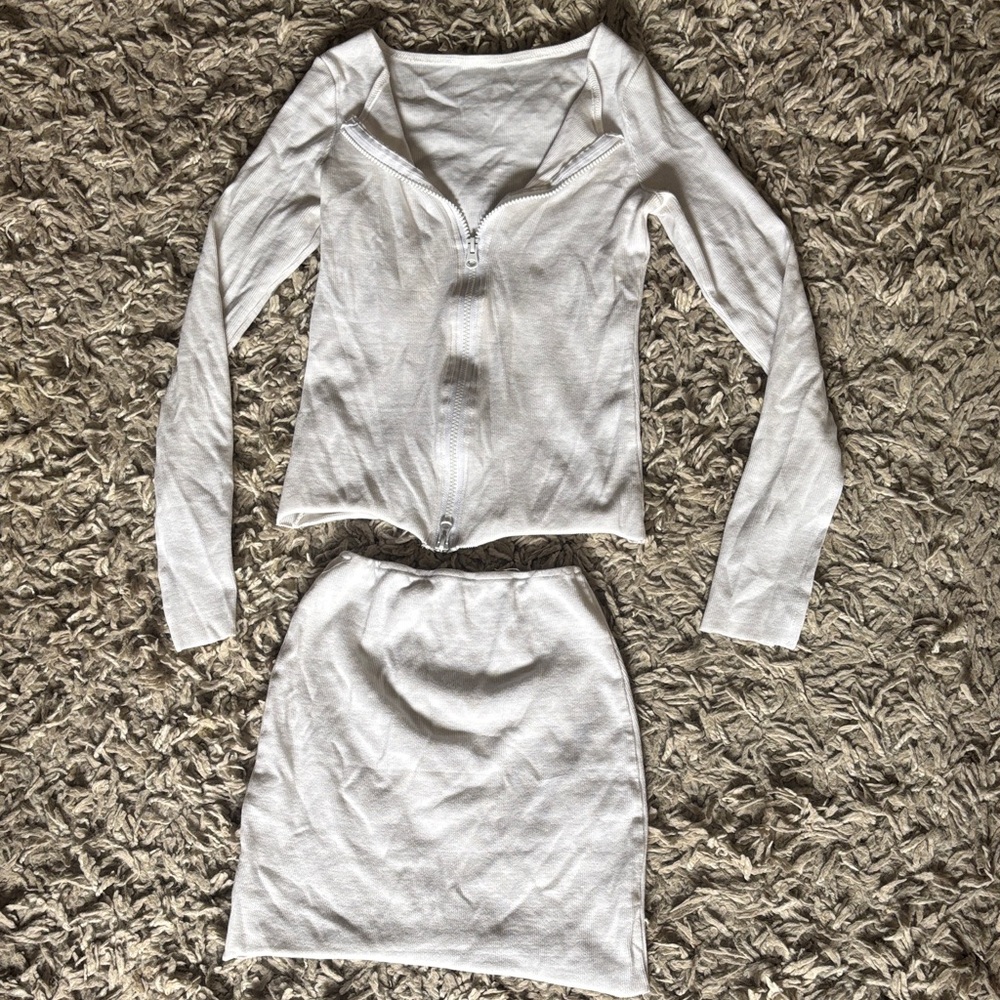 White Long Sleeve Top and Skirt Set